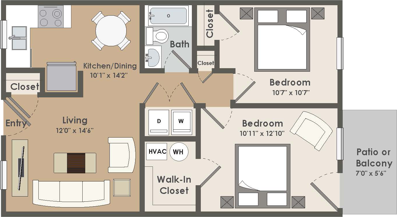 Floor plan for 2 beds, 1 bath, 850 sqft